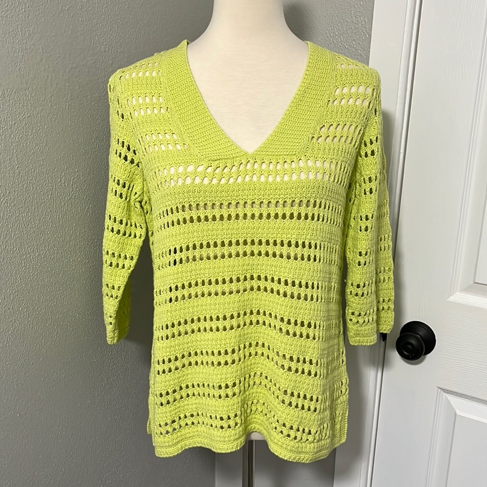 Chico’s Highlighter Lime V Neck Open Knit Sweater